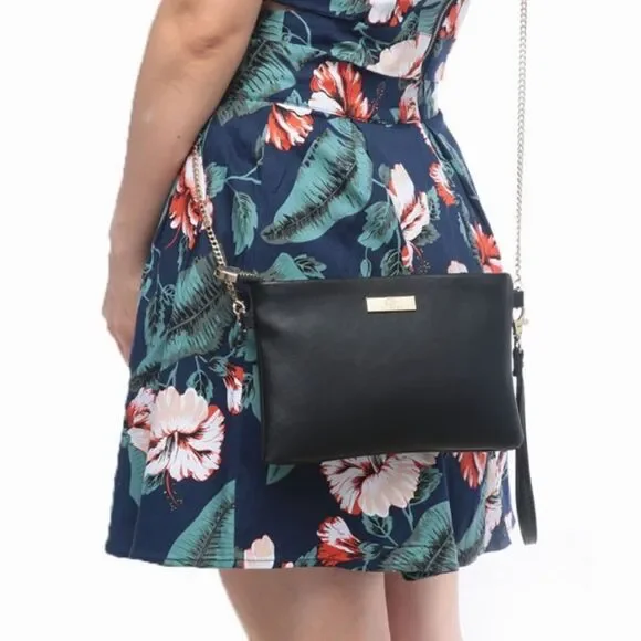 Aitbags Elegant Clutch/Crossbody Handbag. Black w gold accents. Removable chain - Picture 3 of 8